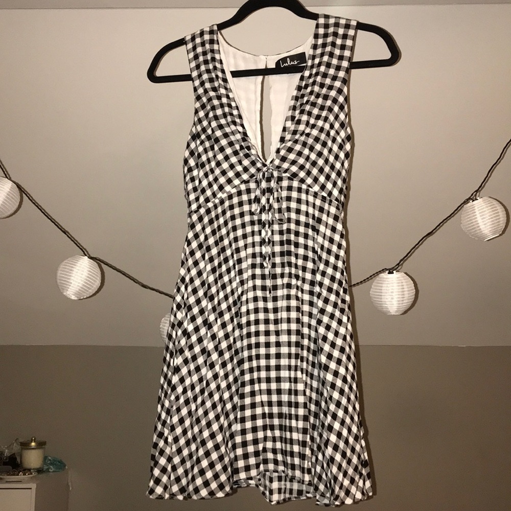 Deep V-Neck Gingham Dress with Keyhole Back